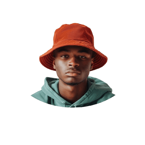 Person wearing a red bucket hat and green hoodie against a textured background.