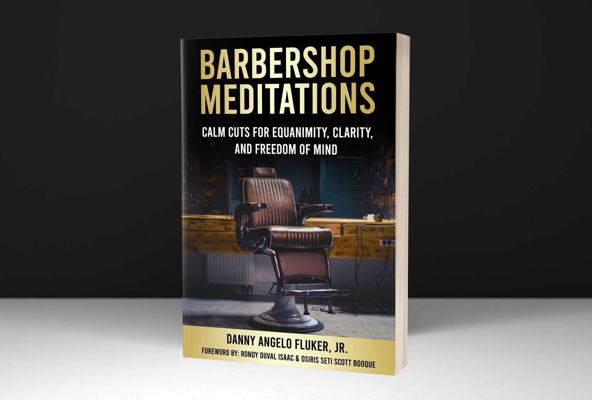 Book cover titled 'Barbershop Meditations' featuring a vintage barber chair.