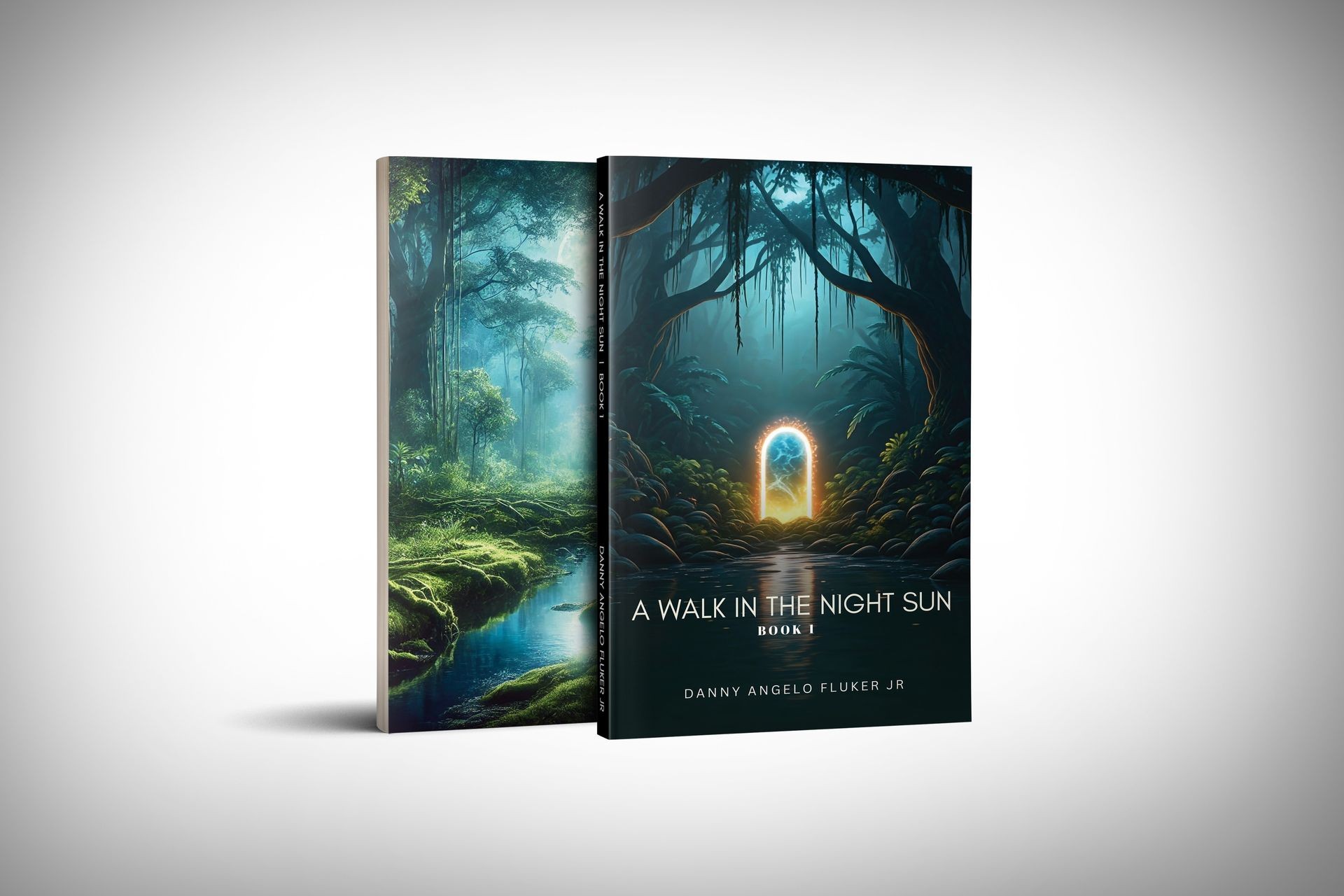 Two books with mystical forest and glowing doorway cover art stand side by side.