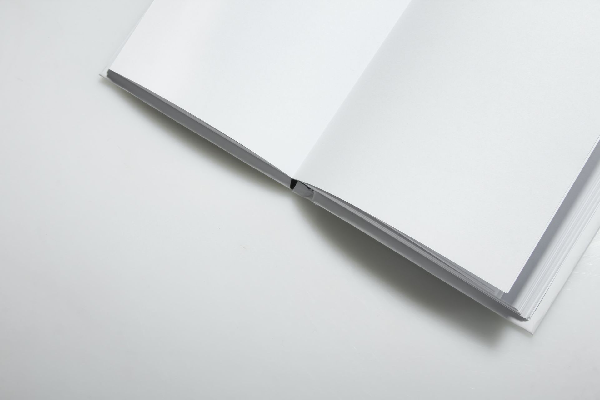 Open empty white book on a gray background.
